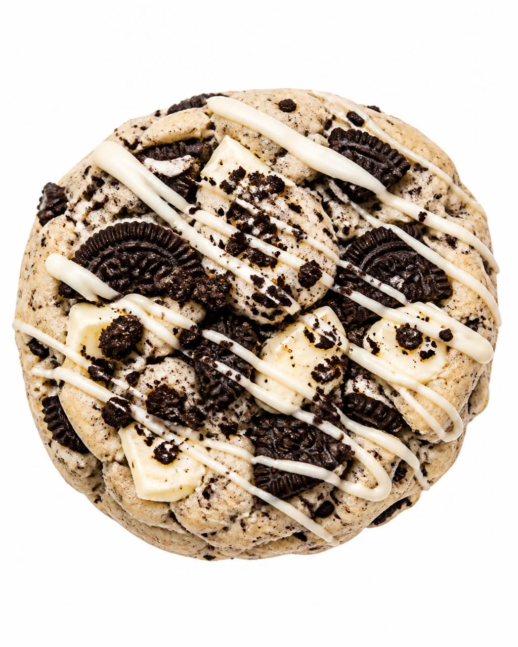 Thick bakery style cookies and cream cookie with white chocolate and cookie crumbles