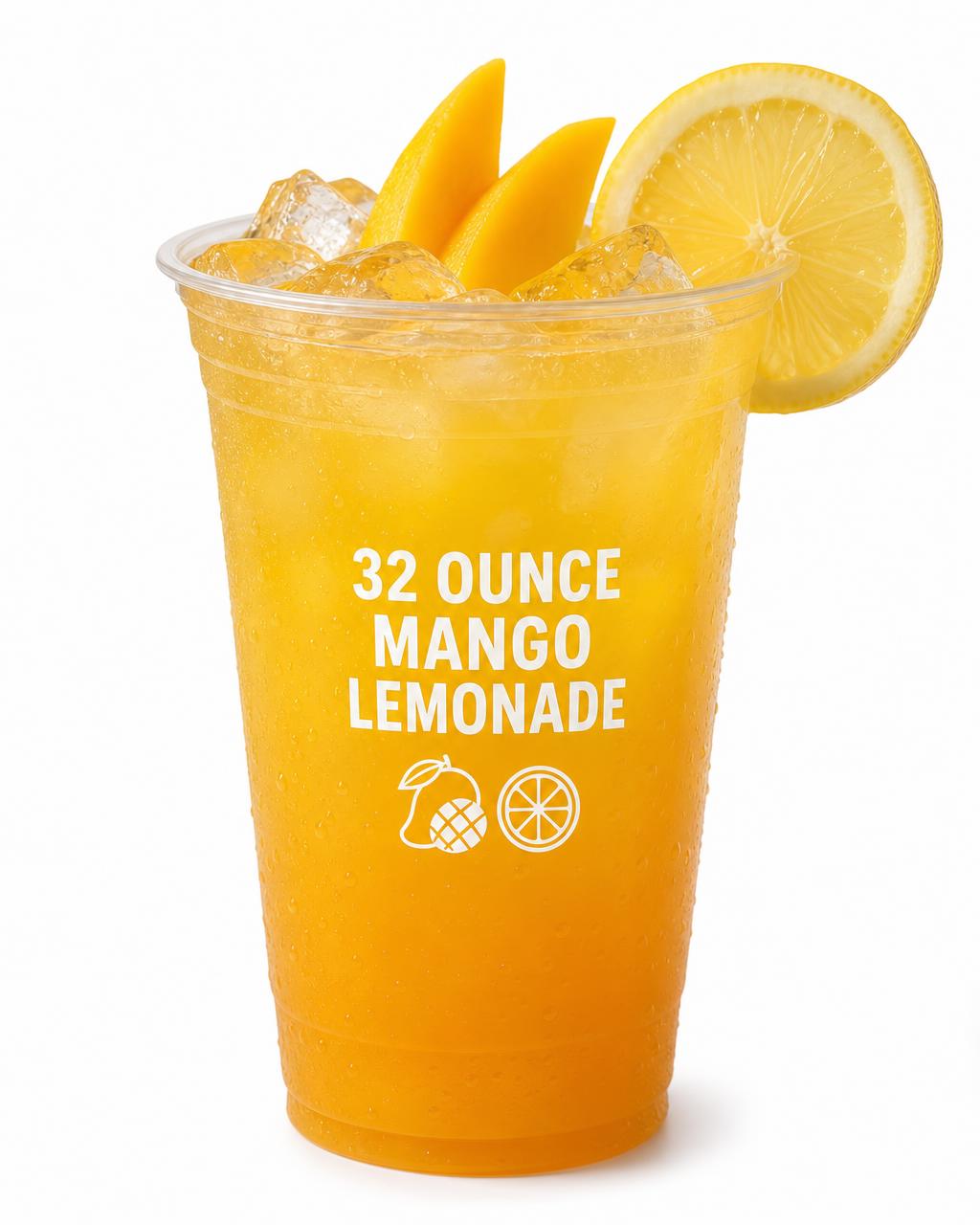 32 ounce clear cup of mango lemonade with ice and mango slices
